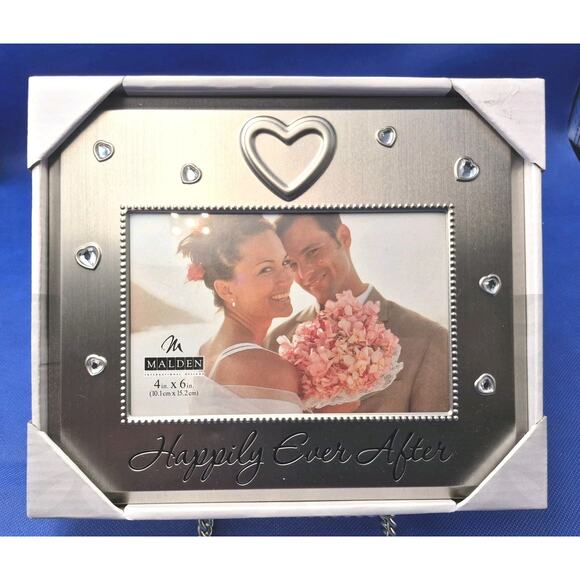 Malden 4x6 Wedding Happily Ever After Photo Frame w/Jewels Silvertone Metal NEW - Picture 1 of 8